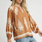 Umgee Full Size Two Tone Border Print Top with Balloon Sleeves Plus Size