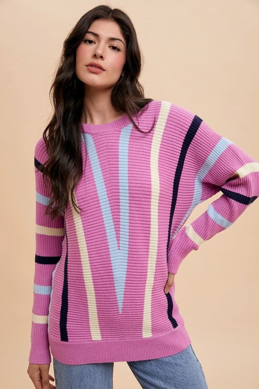 Annie Wear Chevron Stripe Round Neck Ribbed Sweater Sweaters