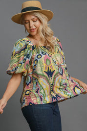 Umgee Abstract Print Smocked Square Neck Puff Sleeve Blouse Plus | Blouses Daverri Fashions
