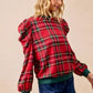 BiBi Christmas Plaid Exaggerated Shoulder Sleeves Top - DAVERRI FASHIONS