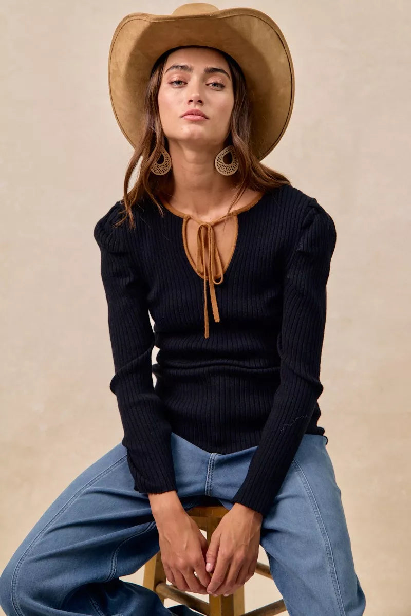 BiBi Ribbed Contrast Front Tied Shirred Fabric Top | Tops Daverri Fashions