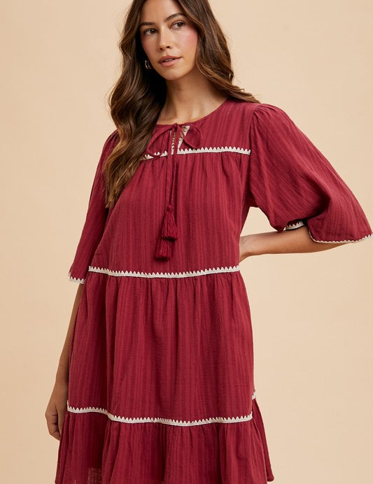 Annie Wear Tassel Contrast Trim Tie Neck Half Sleeve Tiered Dress Burgundy Midi Dresses