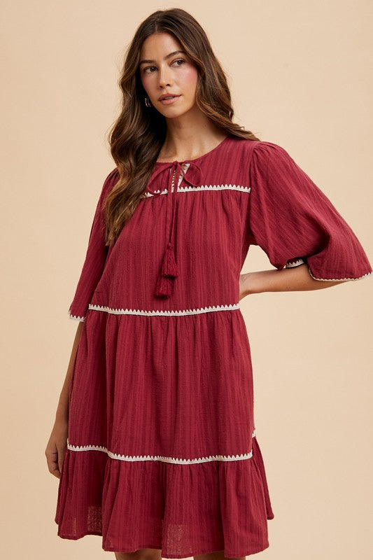 Annie Wear Tassel Contrast Trim Tie Neck Half Sleeve Tiered Dress Burgundy Midi Dresses