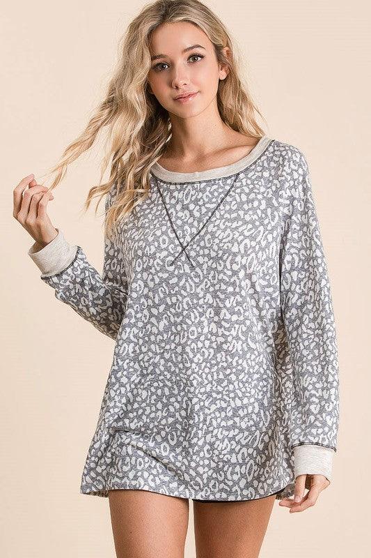 BiBi Leopard Round Neck Long Sleeve T-Shirt Leopard
