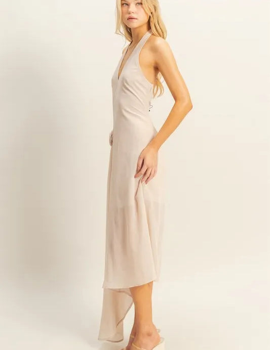 HYFVE Chiffon Halter Asymmetrical Hem Dress | Daverri Fashions