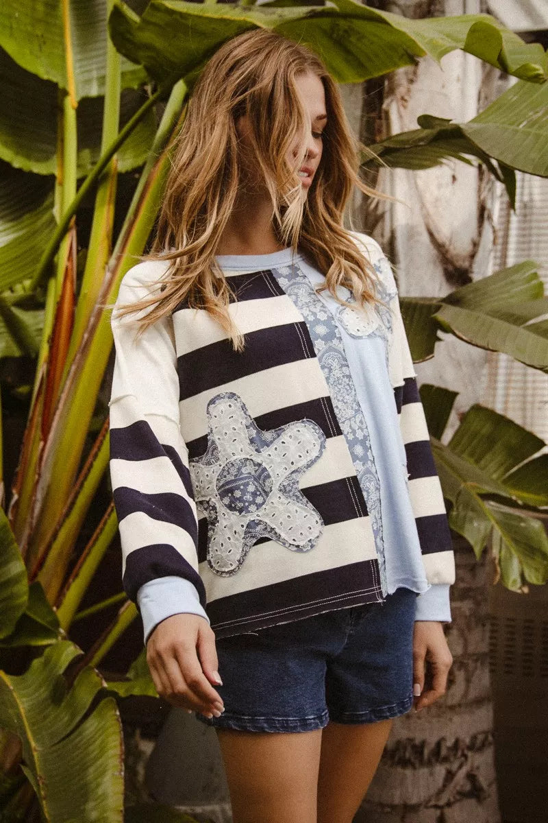 BiBi patchwork striped round neck sweatshirt with floral applique