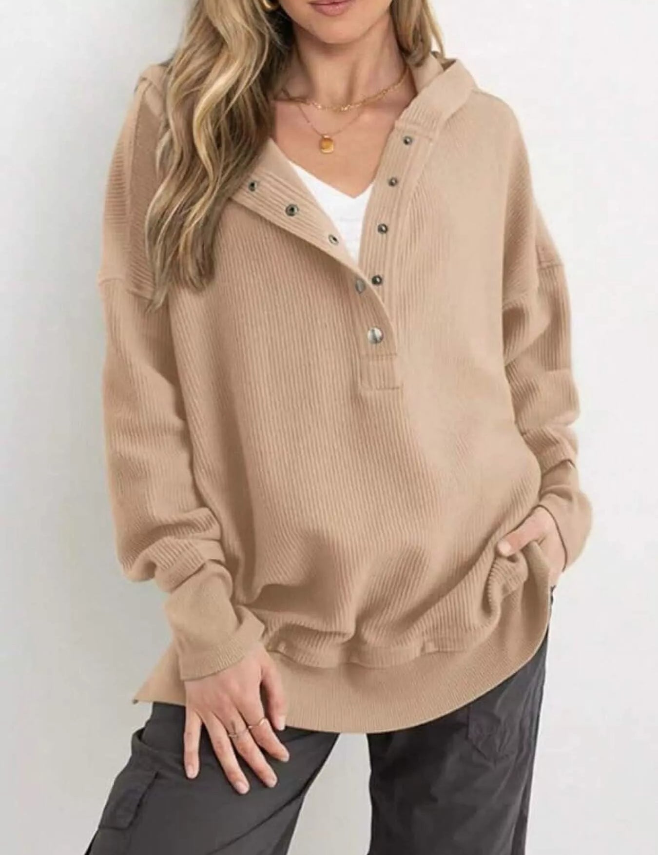 Apricot Half Snap Long Sleeve Hoodie | Hoodies Daverri Fashions