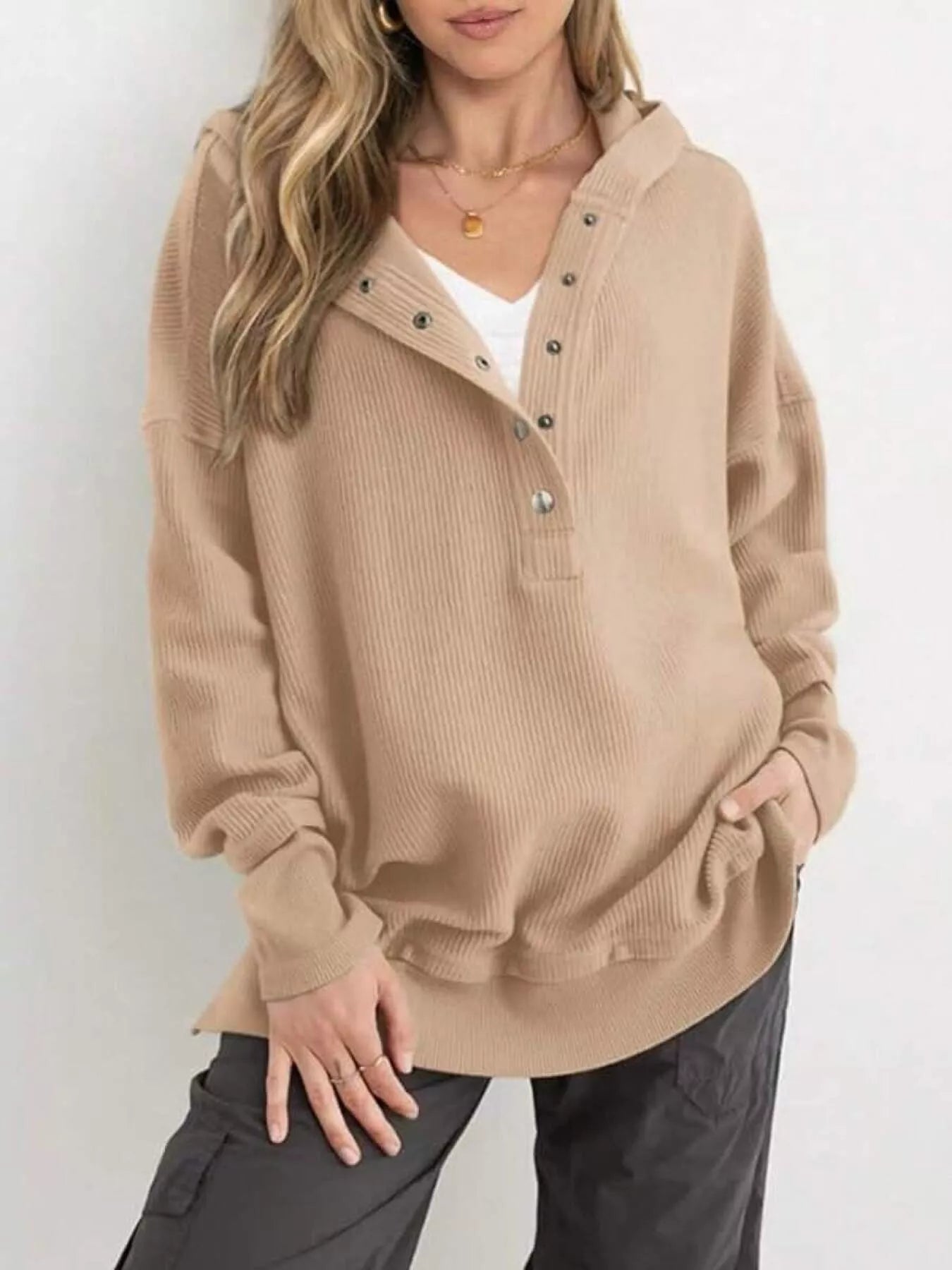 Apricot Half Snap Long Sleeve Hoodie | Hoodies Daverri Fashions