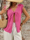Bright pink sleeveless tied front openwork V-neck knit top