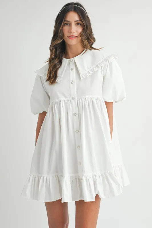 MABLE Ruffled Hem Peter Pan Collar Button Down Mini Dress Off White
