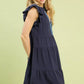 Umgee navy blue linen tiered babydoll dress with ruffles and embroidery
