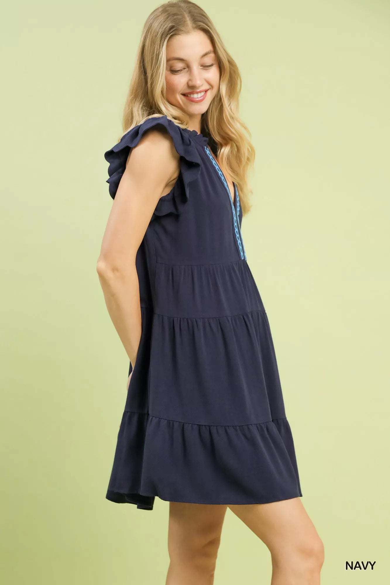 Umgee navy blue linen tiered babydoll dress with ruffles and embroidery