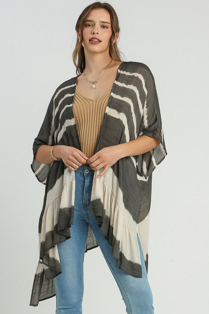 Umgee Full Size Tie Dye Back String Tie Open Front Kimono Sleeve Cover Up Plus Size ASHBROWN