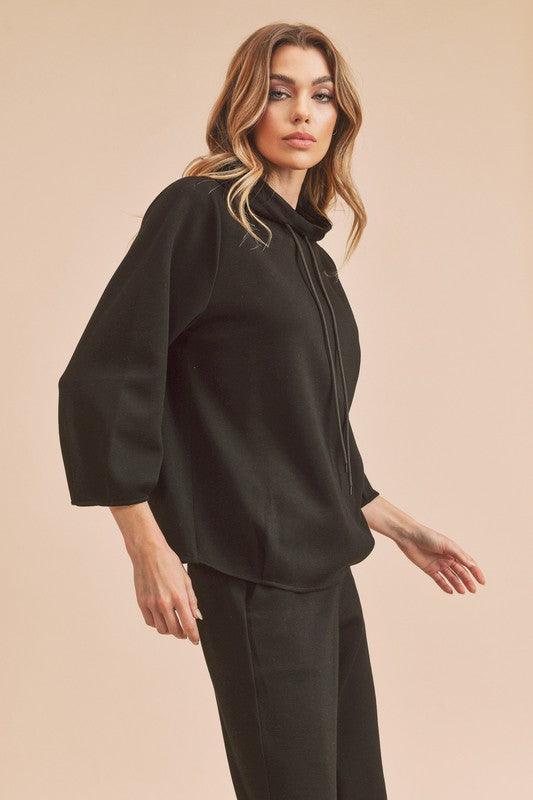 Aemi + Co Lightweight Drawstring Mock Neck Sweatshirt - DAVERRI FASHIONS