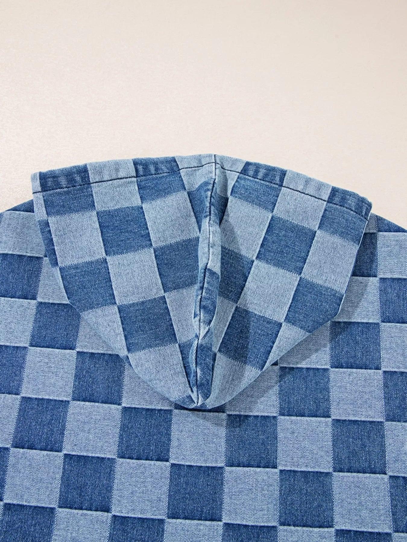 Checkered Half Zip Denim Hoodie Top - DAVERRI FASHIONS