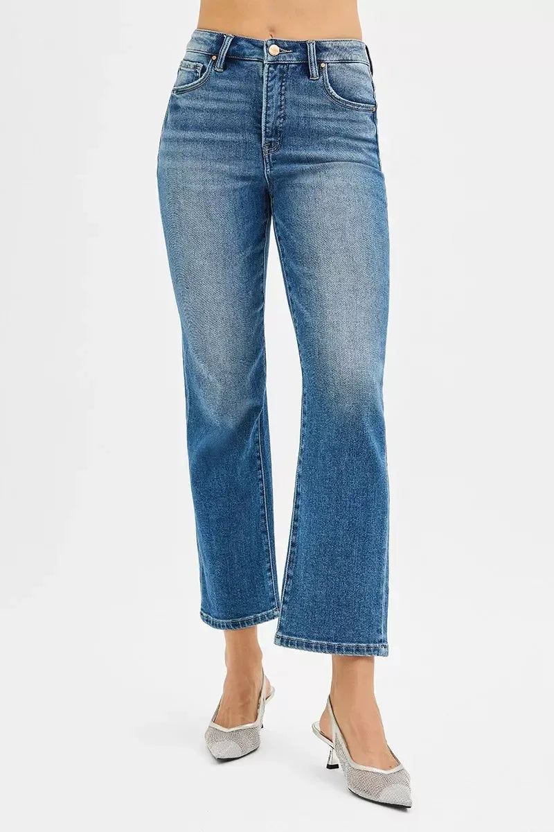 RISEN Tummy Control High Rise Crop Straight Jeans - DAVERRI FASHIONS