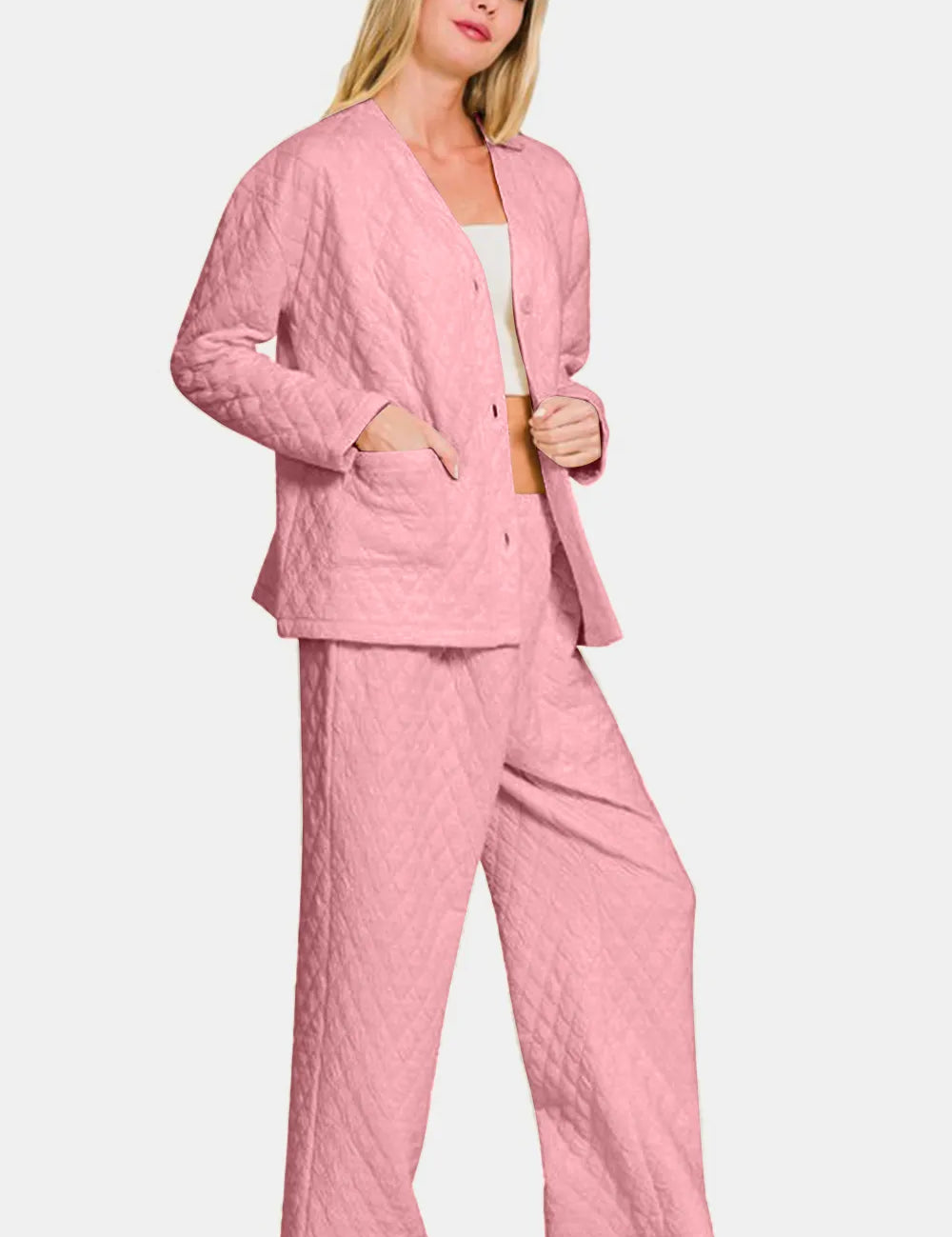 Quilted Button Up Long Sleeve Top and Pants Lounge Set Pink | Loungewear Sets Daverri Fashions