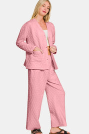 Quilted Button Up Long Sleeve Top and Pants Lounge Set Pink | Loungewear Sets Daverri Fashions