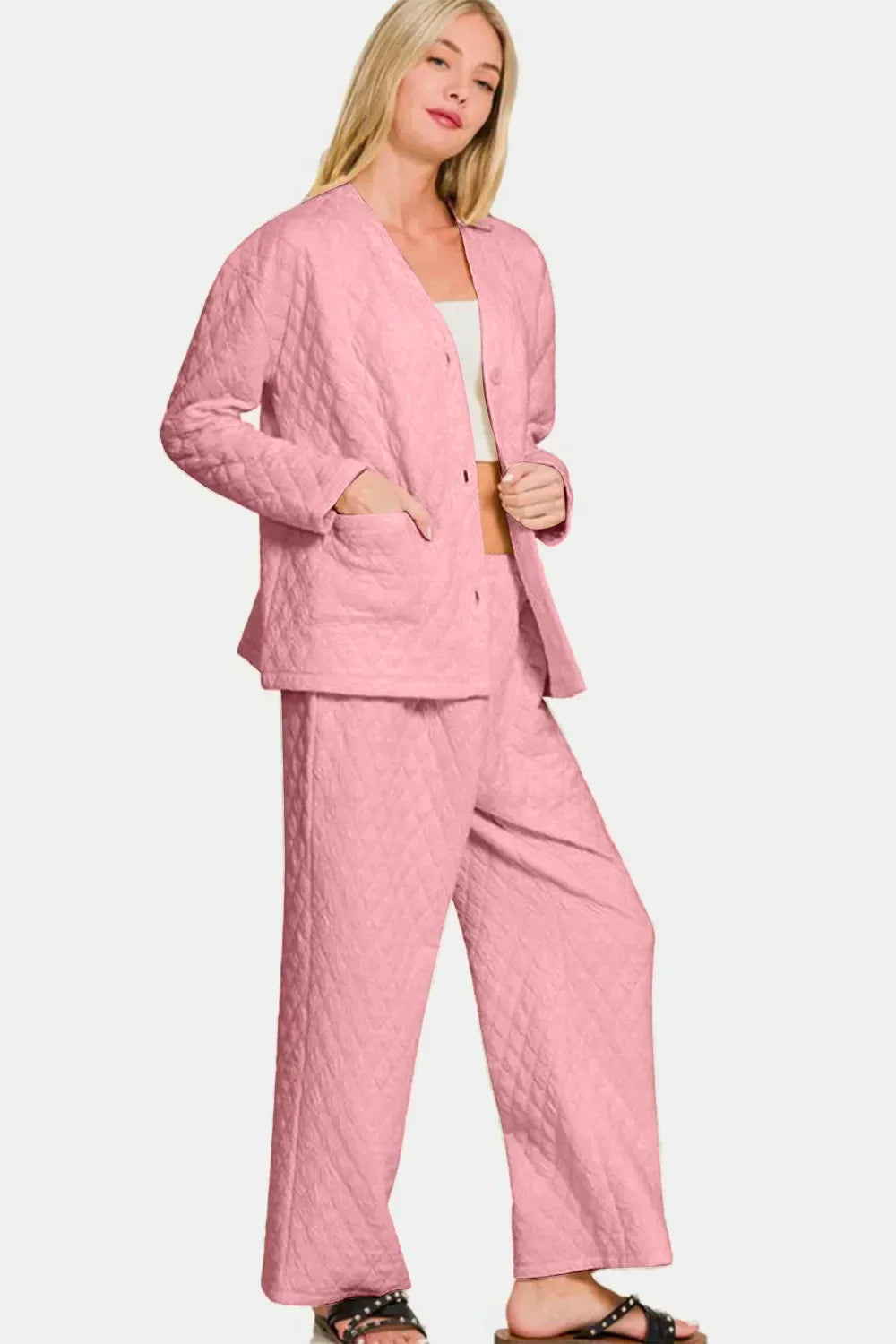 Zenana Quilted Button Up Long Sleeve Top and Pants Lounge Set Pink - DAVERRI FASHIONS