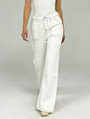 White wide-leg denim pants with contrast stitching and flared hem