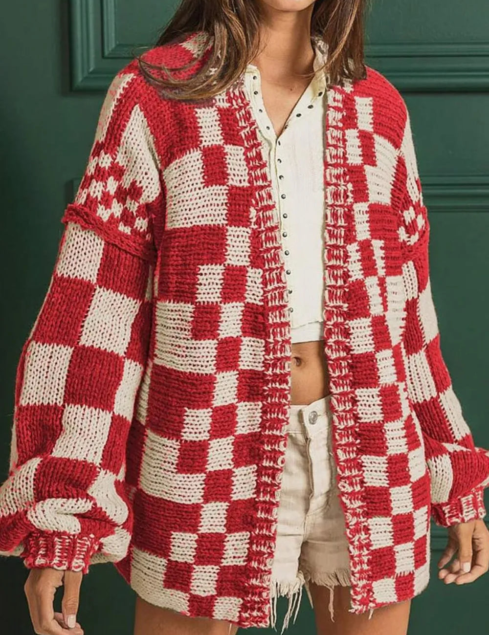Deep Red Checkered Open Front Long Sleeve Cardigan | Cardigans Daverri Fashions