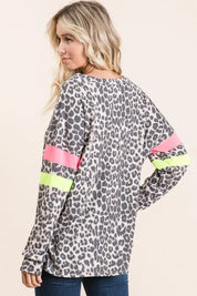 BiBi Leopard Thermal Top with Contrast Color Block | Tops Daverri Fashions