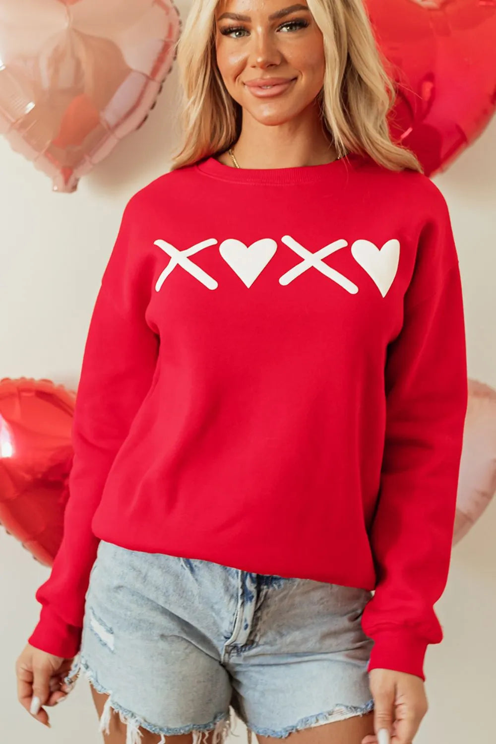 Valentine’s Day XOXO Round Neck Drop Shoulder Sweatshirt | Sweatshirts Daverri Fashions