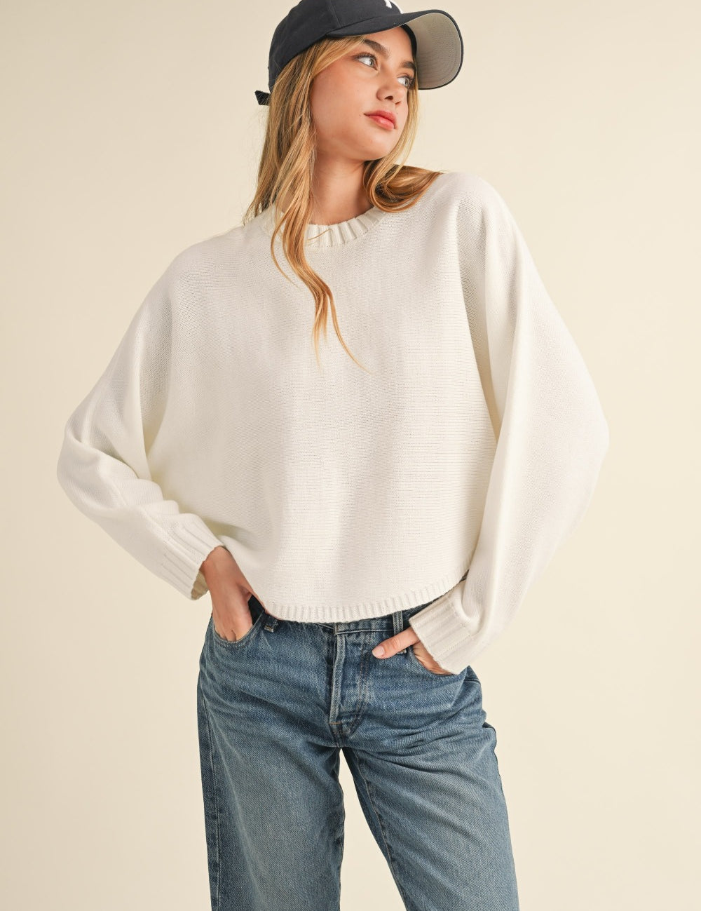 Mable Round Neck Dolman Sleeve Cropped Sweater Off White