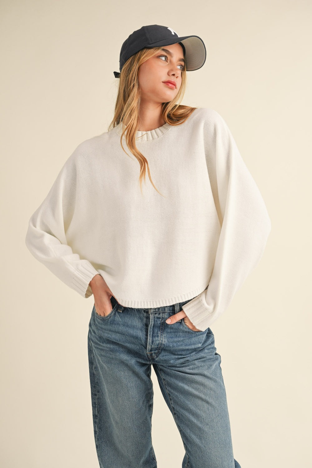 Mable Round Neck Dolman Sleeve Cropped Sweater Off White Sweaters