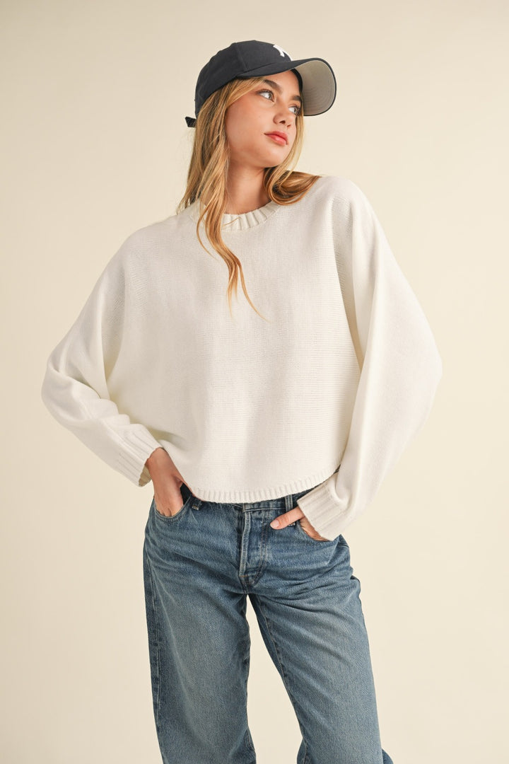 Mable Round Neck Dolman Sleeve Cropped Sweater Off White