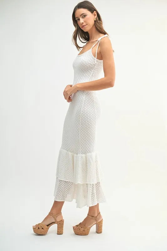 MABLE Sleeveless Shoulder Tie Rose Knit Midi Dress
