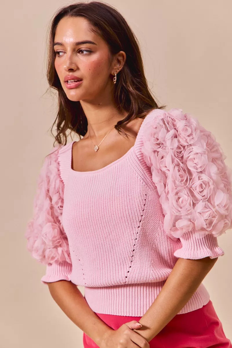 Pink SO ME rosette sleeves square neck knit sweater top