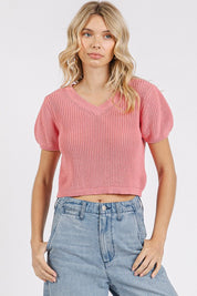 Mittoshop V-Neck Short Sleeve Crop Sweater Dusty Pink Sweaters