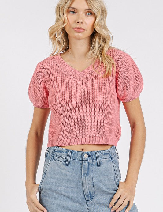 Mittoshop V-Neck Short Sleeve Crop Sweater Dusty Pink Sweaters