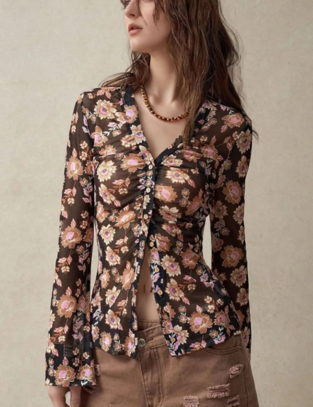 Black Floral Button-Front Shirt with Bell Sleeves | Shirts Daverri Fashions