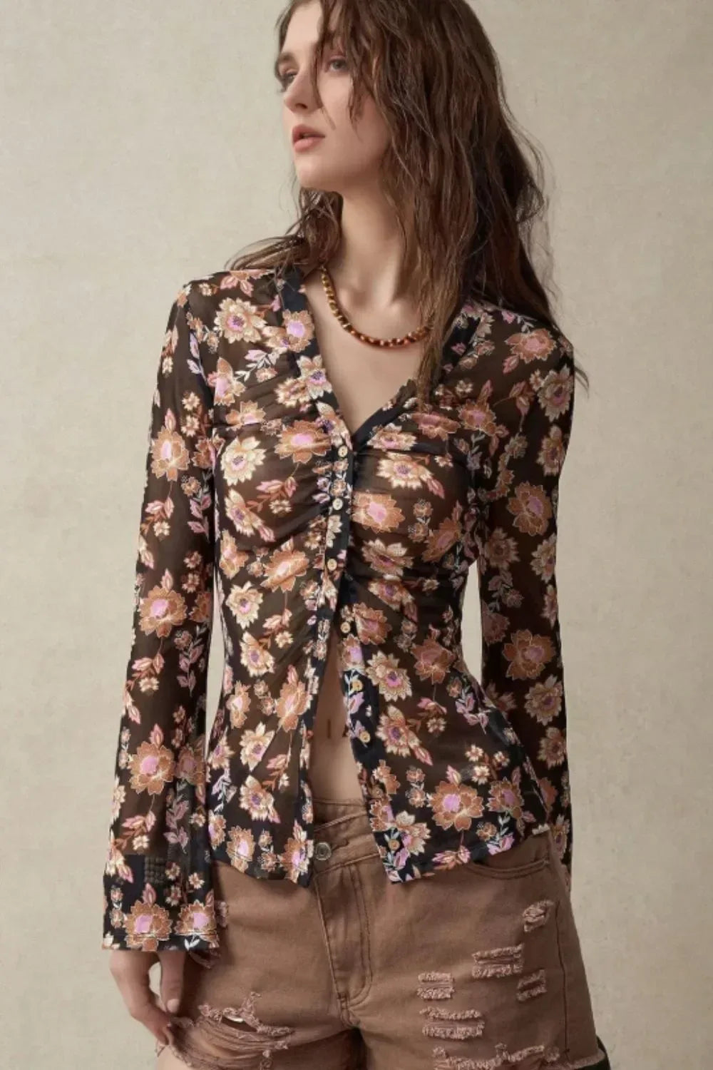 Floral Button-Front Shirt with Bell Sleeves - DAVERRI FASHIONS