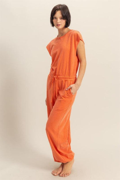 HYFVE Back Keyhole Round Neck Cap Sleeve Drawstring Jumpsuit - DAVERRI FASHIONS