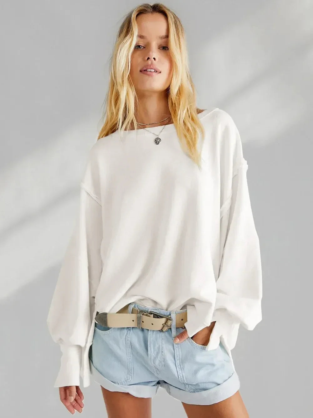 Slit Round Neck Dropped Shoulder Sweatshirt - DAVERRI FASHIONS