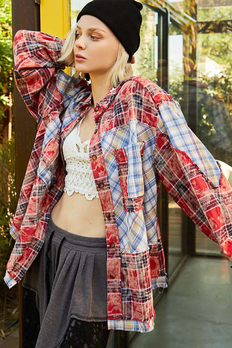POL Plaid Patchwork Long Sleeve Shirt with Raw Edge Detail Shirt
