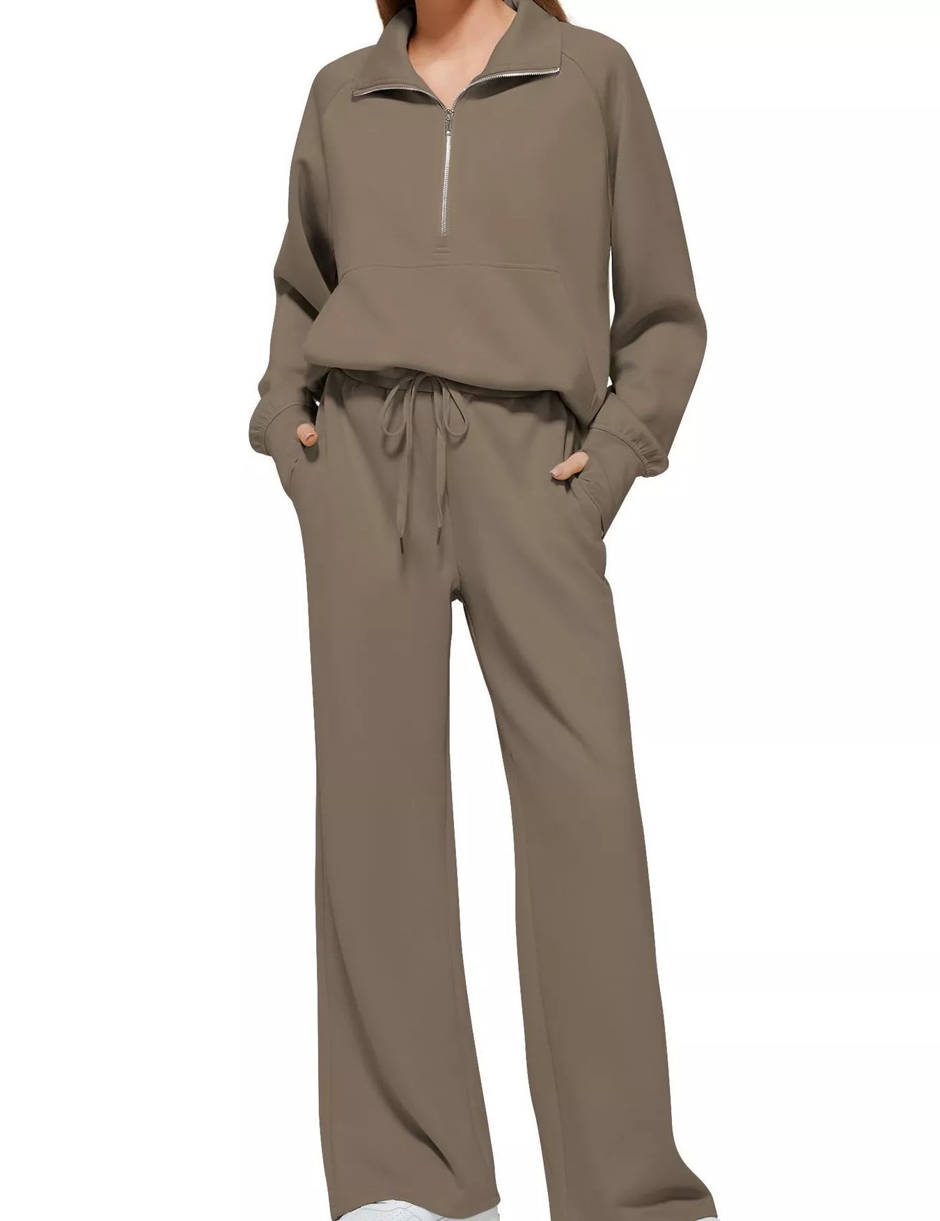 Khaki Full Size Half-Zip Sweatshirt and Wide-Leg Pants Set Plus Size | Outfit Sets Daverri Fashions