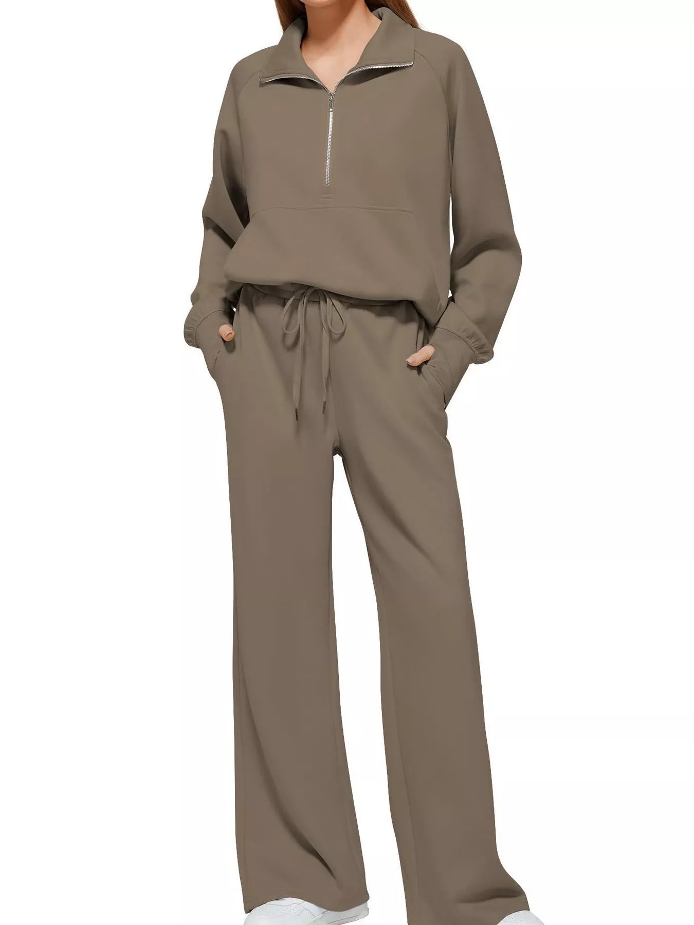 Khaki Full Size Half-Zip Sweatshirt and Wide-Leg Pants Set Plus Size | Outfit Sets Daverri Fashions