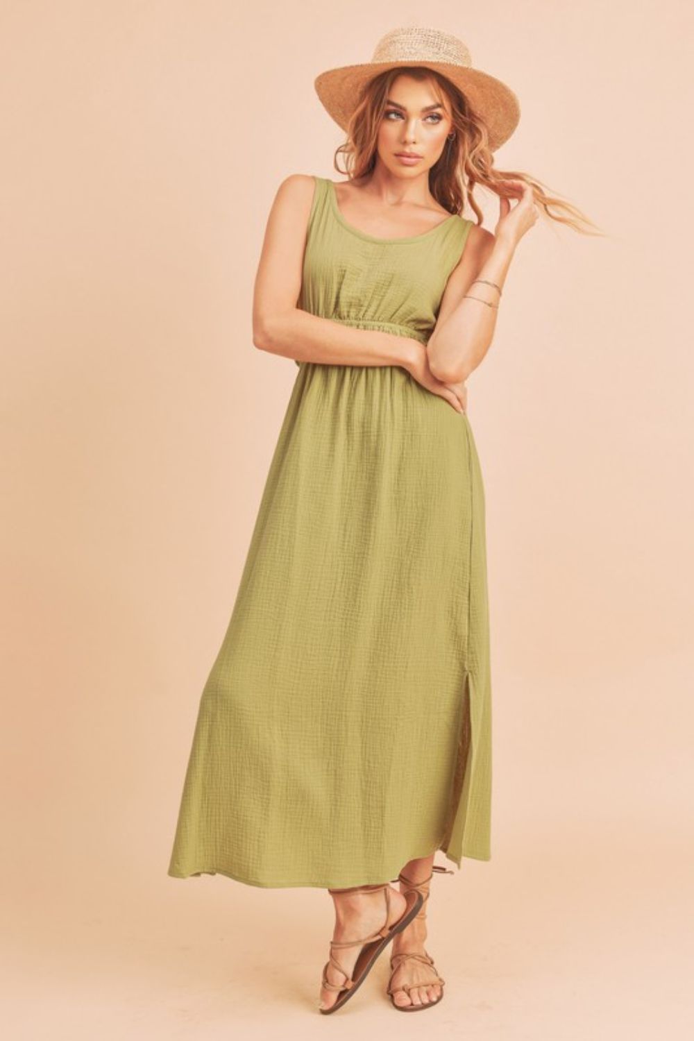 Aemi + Co Side Slit Round Neck Sleeveless Tank Dress Yellow-Green Tank Dresses