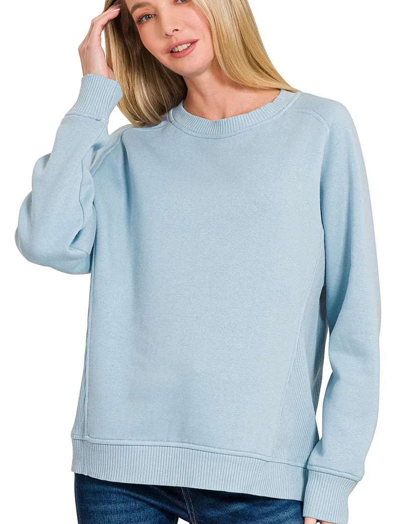Zenana Fleece Round Neck Ribbed Side Raglan Sweatshirt | Sweatshirts Daverri Fashions