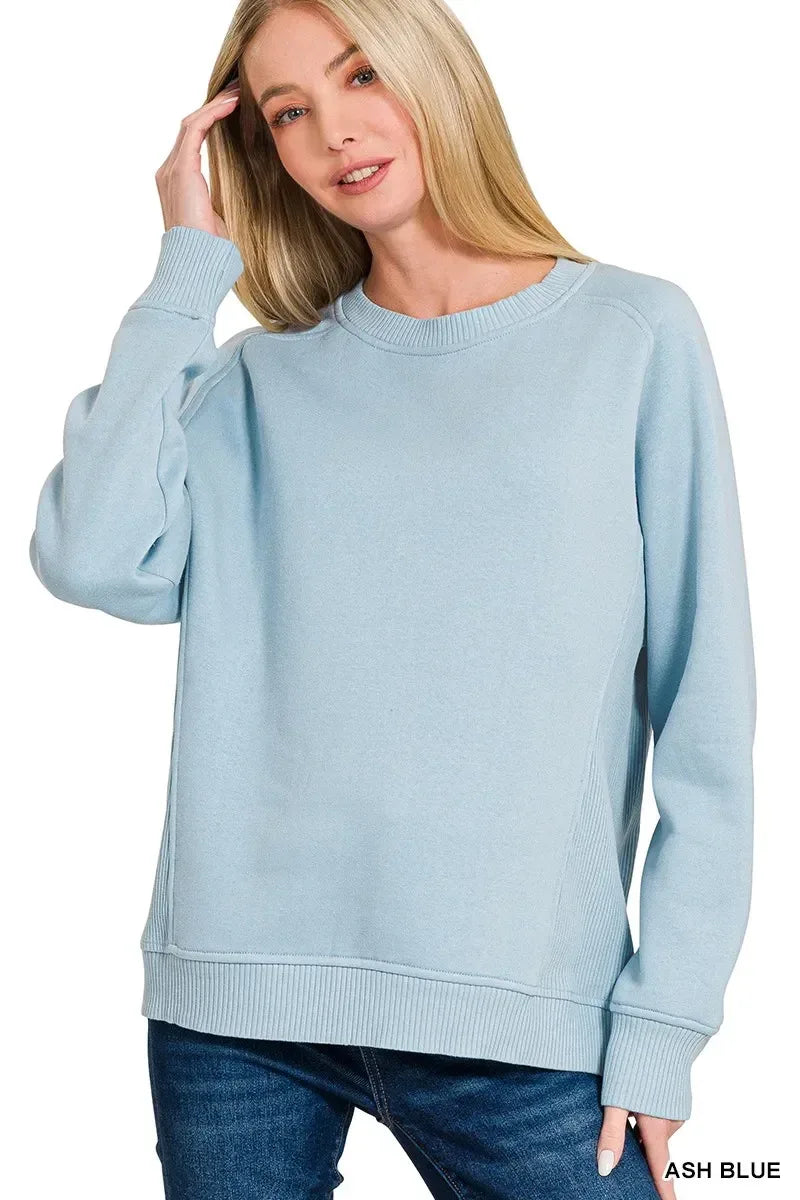 Zenana Fleece Round Neck Ribbed Side Raglan Sweatshirt - DAVERRI FASHIONS