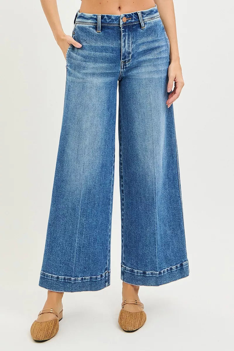 RISEN Slouchy Ankle Wide Jeans in faded blue denim with rolled cuffs