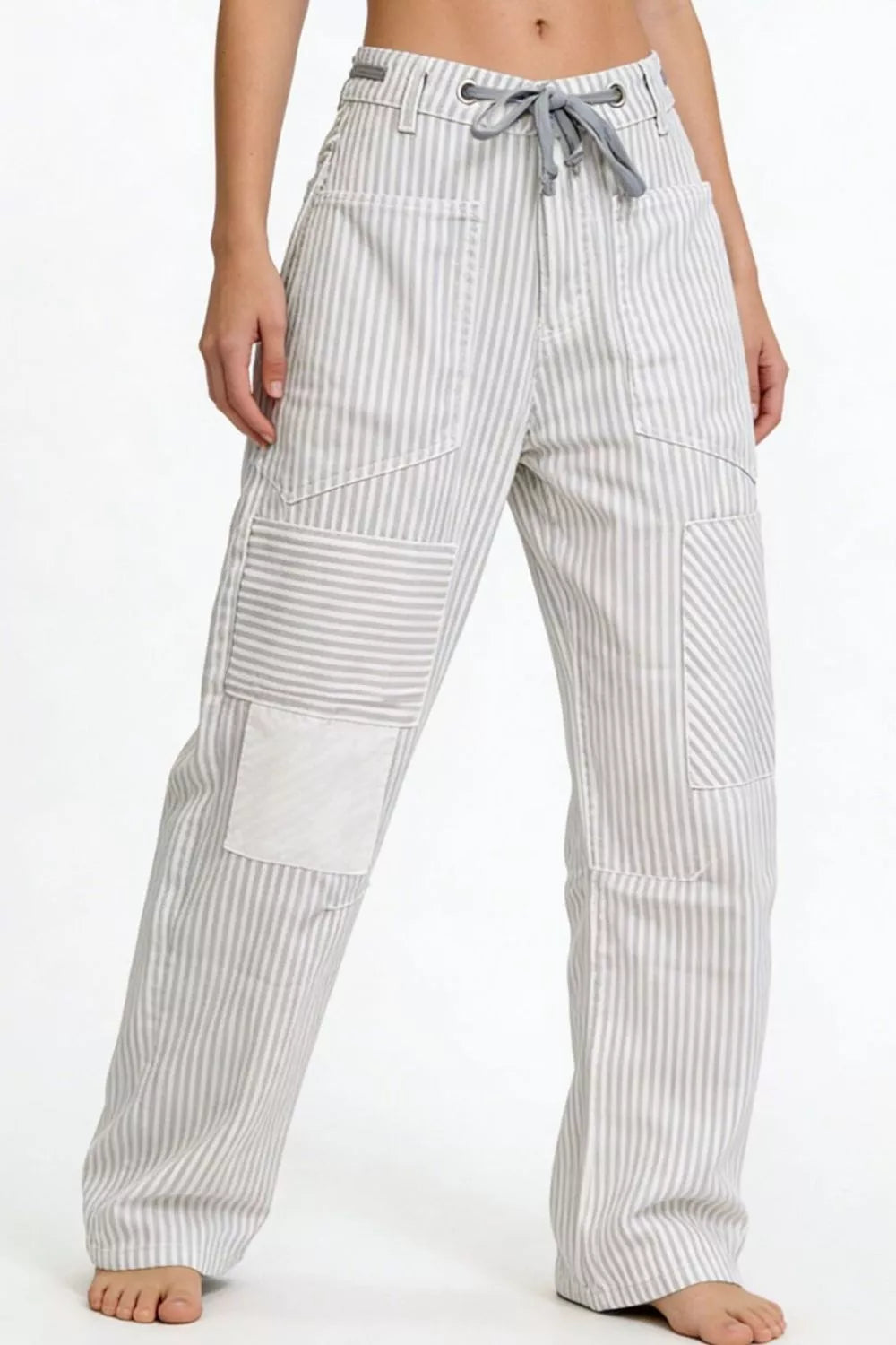 Daverri Striped Wide-Leg Pants in light gray and white with drawstring waist and patch pockets