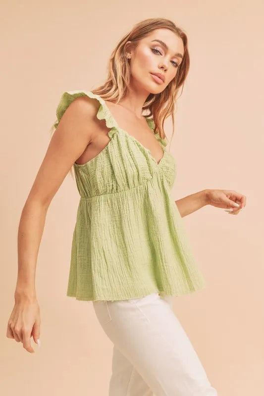 Aemi + Co Sweetheart Neck Ruffled Strap Top Yellow Green - DAVERRI FASHIONS