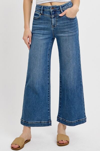 RISEN Full Size High Rise Crop Wide Leg Front Yoke Detail Jeans Jeans