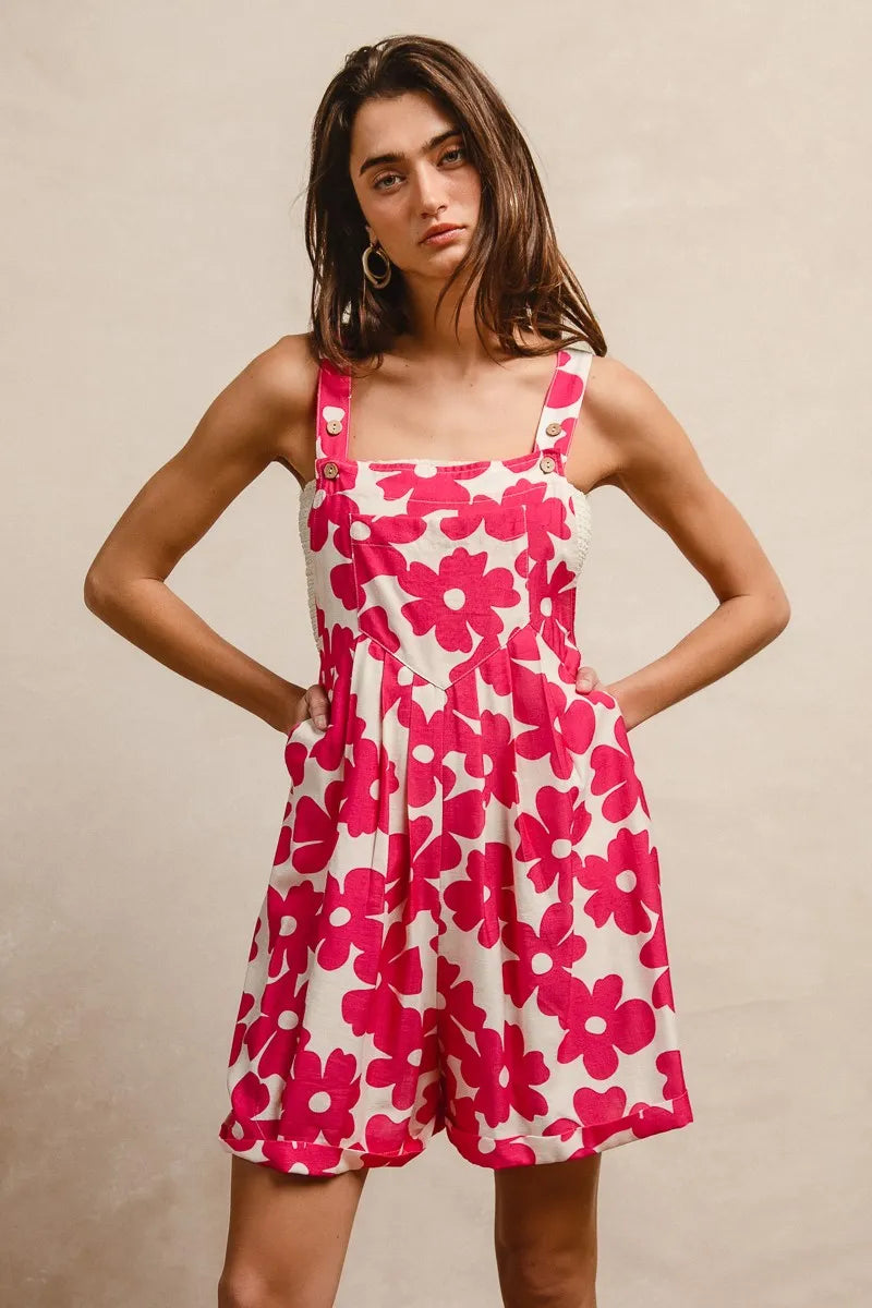 BiBi Floral Prints Tuck Detail Short Overall With Pockets Overalls
