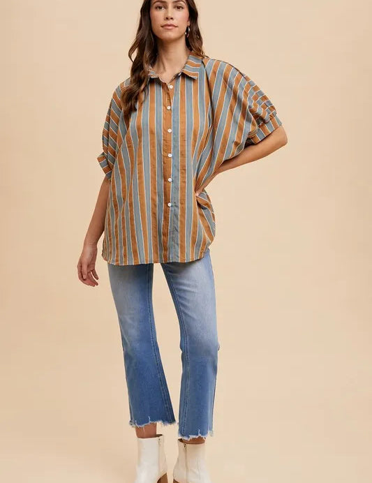 CAMEL MULTI Annie Wear Oversized Drop Shoulder Striped Woven Shirt | Daverri Fashions